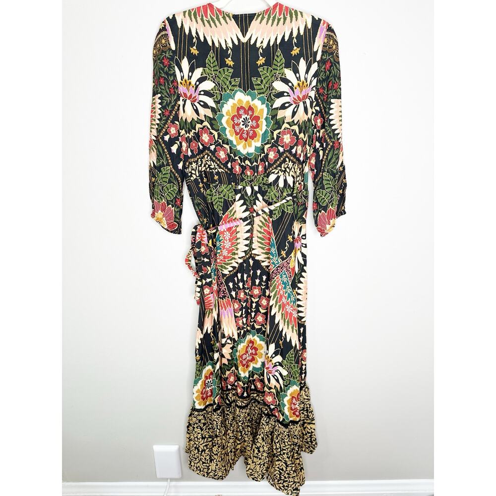 Farm Rio Anthropologie Black Tropical Floral Wrap Maxi Dress Medium - Picture 3 of 9